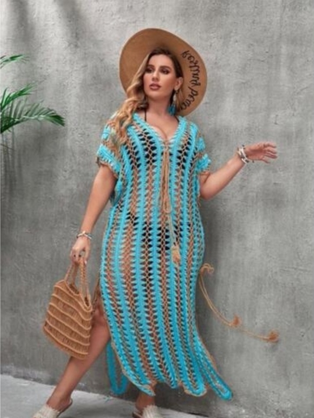 Love Sense Brown & White Vertical Stripe Crochet Maxi Coverup M/L NWOT